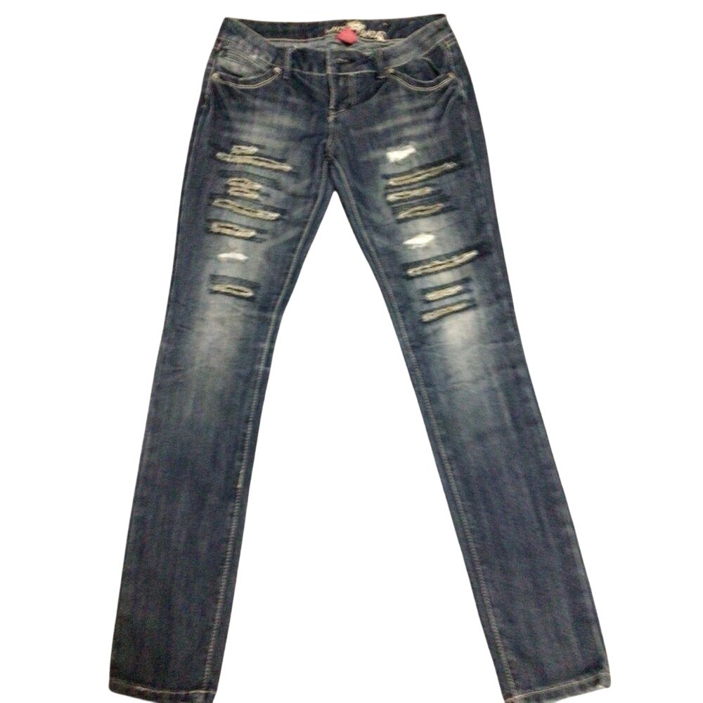 Almost Famous Women's Size 5 Distressed Whiskered Denim Jeans Ripped Streetwear